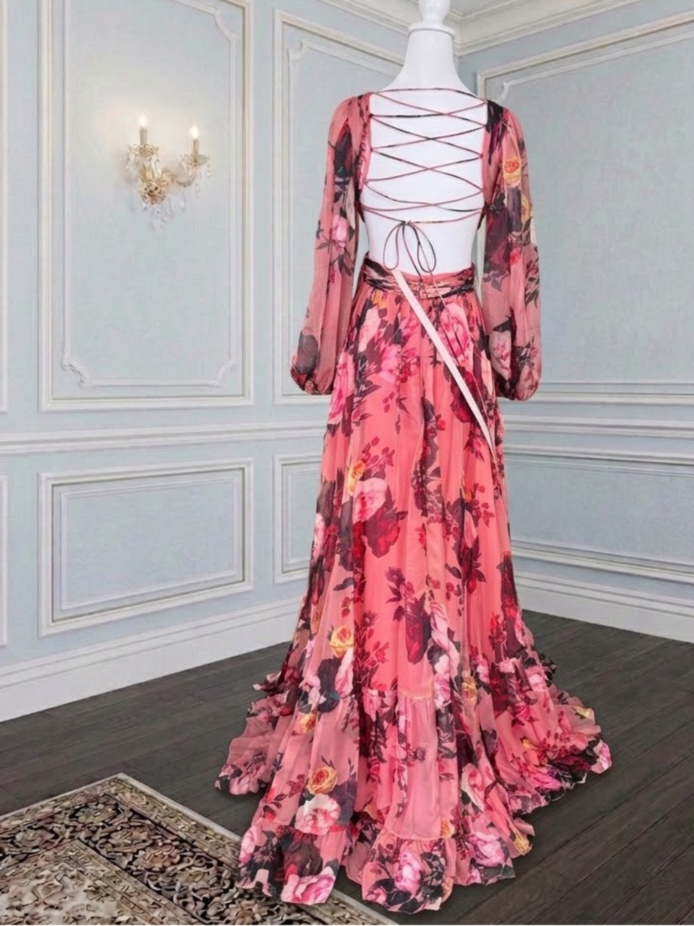 NWT MAC DUGGAL 67946 FLORAL Ruffles Maxi Chiffon Gown sz 2 Wedding guest Garden - Picture 4 of 8